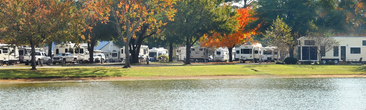 Fall foliage and lake at a campground with RVs